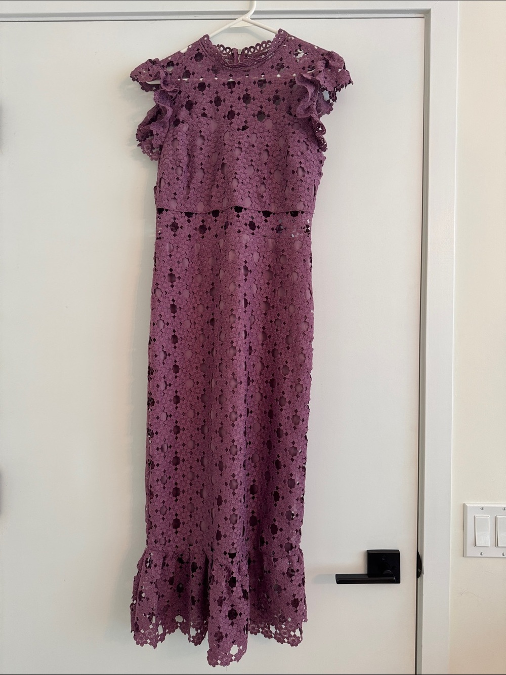 Purple Lace Midi Dress with Ruffle Sleeves